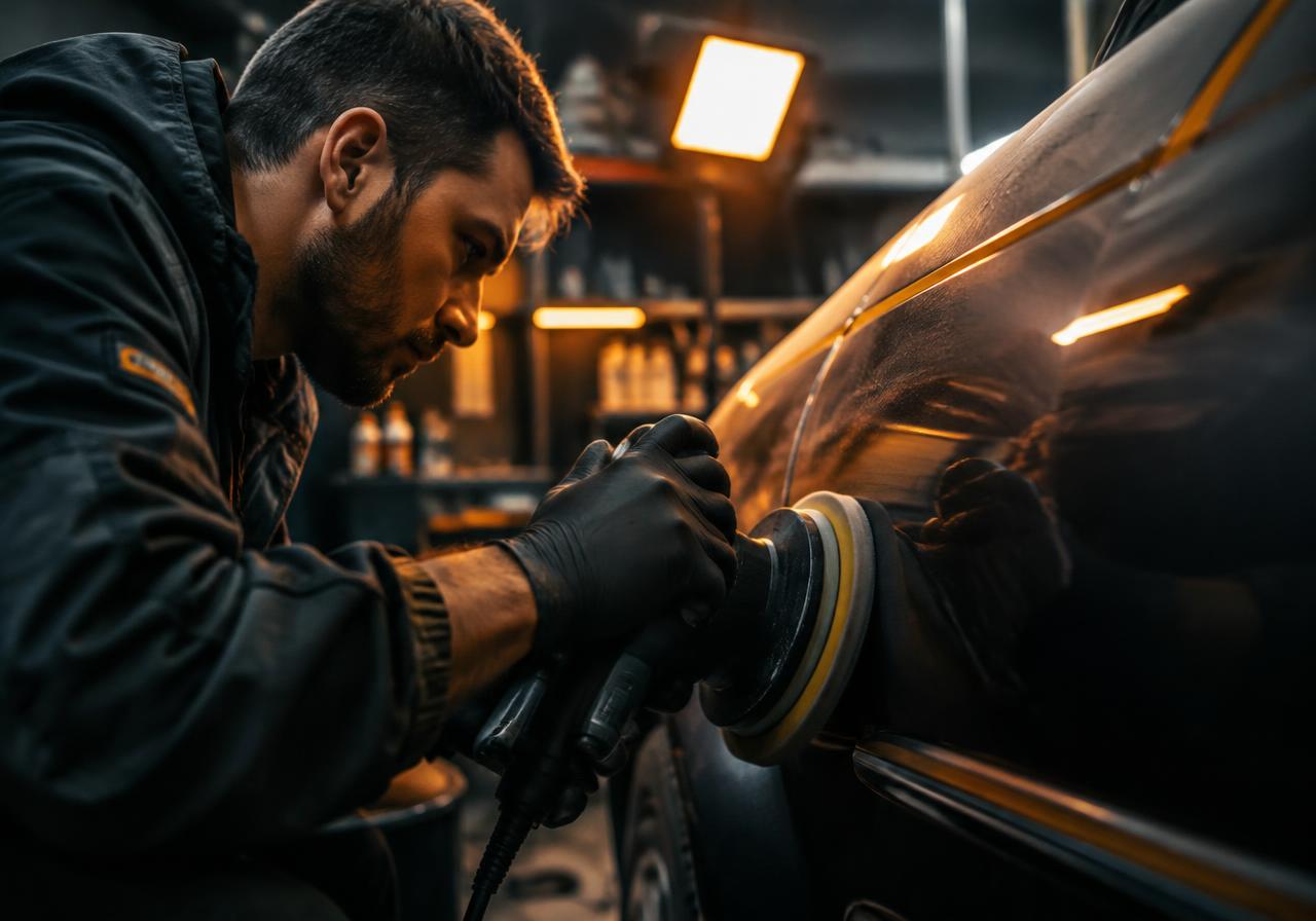 Técnico puliendo la carrocería de un coche